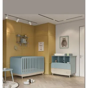 Ensemble FIRMANIA lit bébé + plan à langer pour commode + commode 2 tiroirs et 3 niches - bleu orage et pin